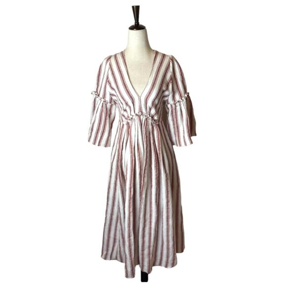 Three Graces London Red & White Striped Linen Open Back Georgianna Midi Dress 6 - Picture 2 of 11